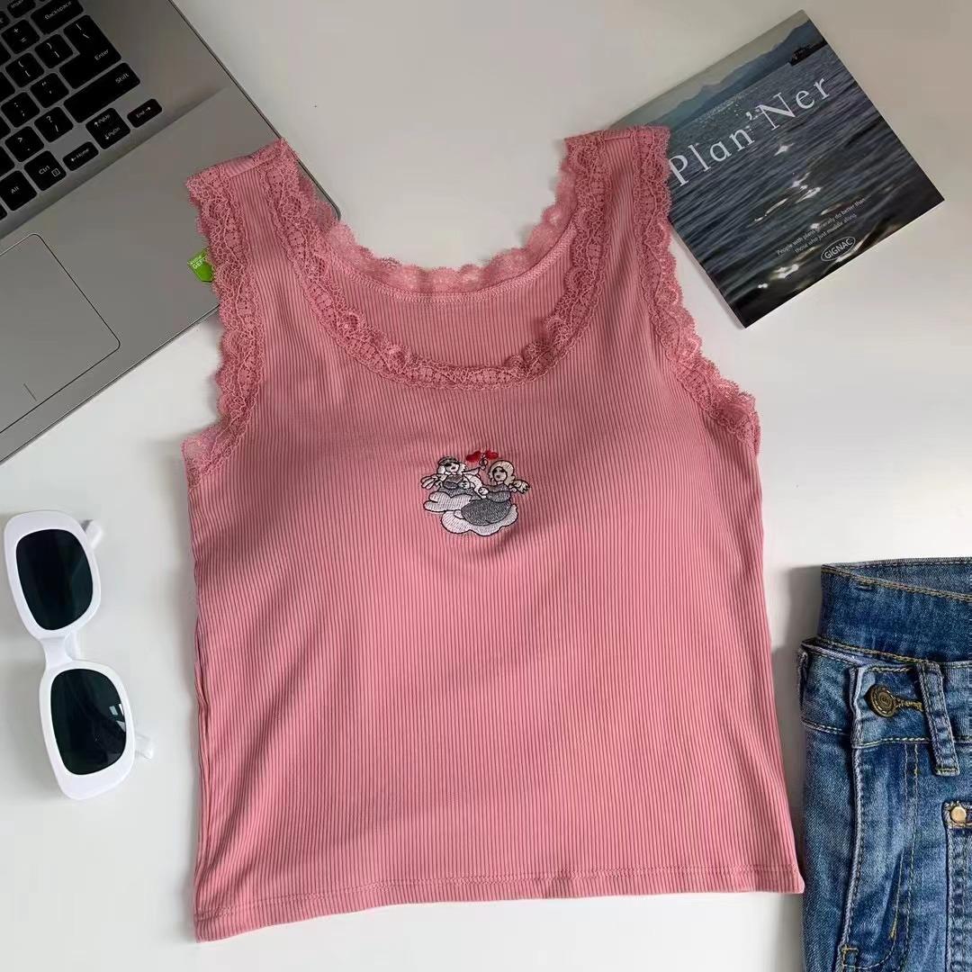 

Вышитая майка из вискозы со встроенным бюстгальтером, облегающий крой, детальный дизайн спинки one size розовый