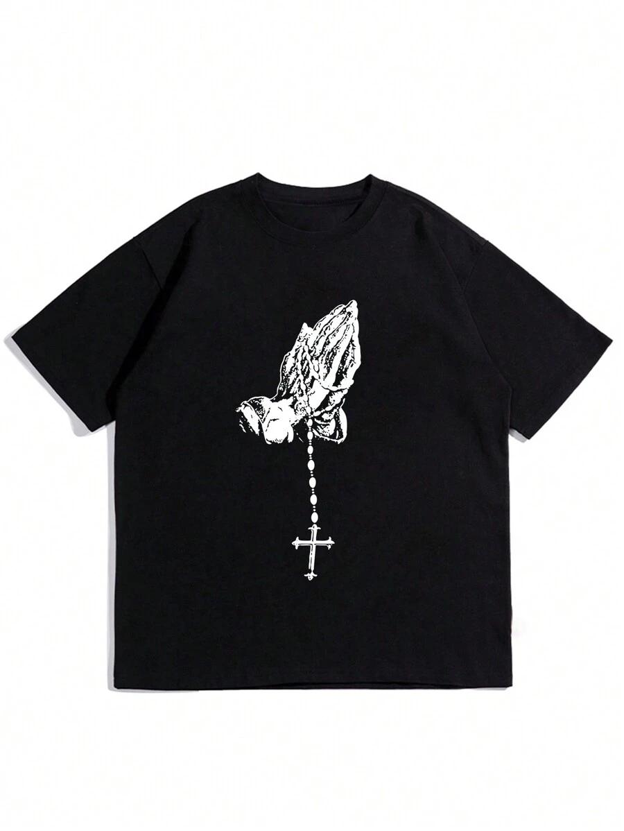 Unisex s Prayer Hand Gesture & Cross Print Short Sleeve T-Shirt S