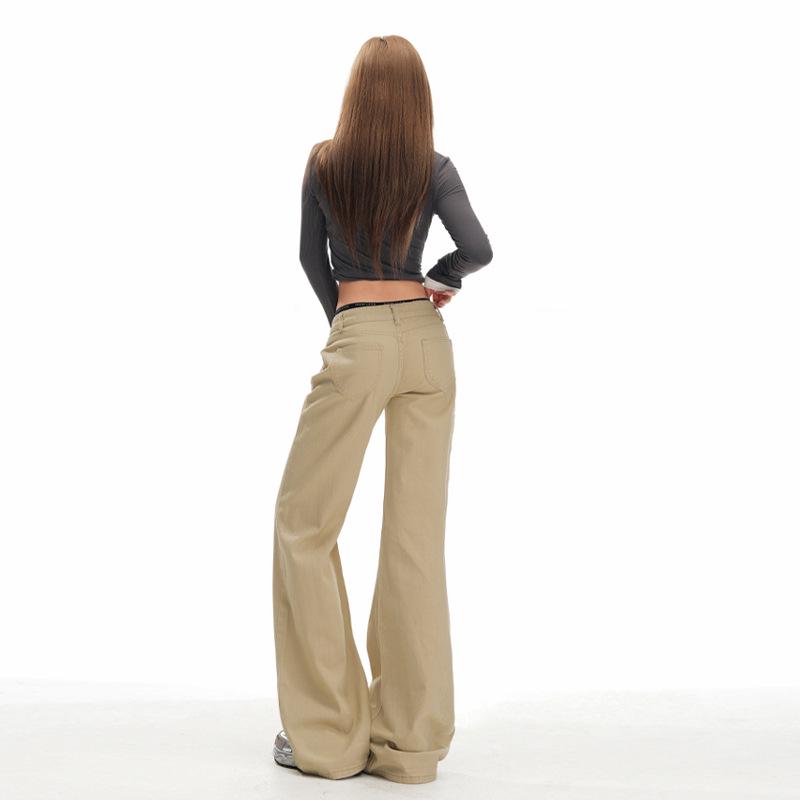 Women's Khaki Micro-Flared Casual Pants - Loose Fit, Autumn Retro Slimming Jeans
