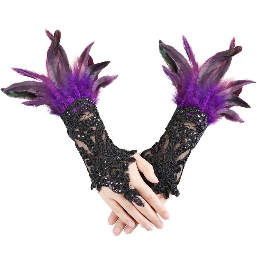 Retro Sequins Feather Lace Gloves Gothic Women Halloween Arm Sleeves Halloween Feather Gloves  Ball