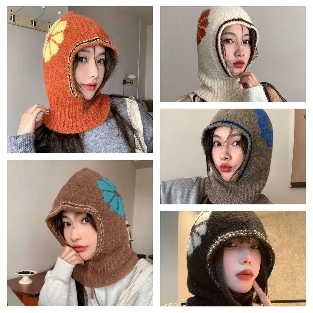 Neck Guard Flower Balaclava Hat Wool Knitted Pullover Hat Casual Ear Protection Hat  Winter/Autumn