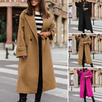 Women Fall Winter Coat Lapel Loose Long Style Solid Color Thick Cardigan Warm Windproof Pockets Double Buttons Long Sleeve Lady Overcoat Outwear