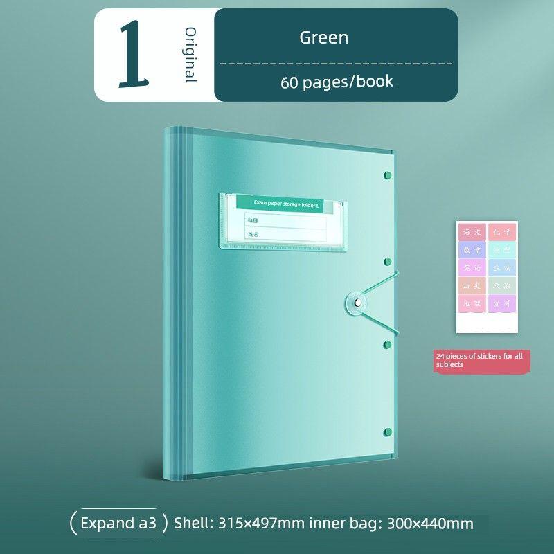 

Storage Handy Gadget Insert 60-Page Multi-Layer Clip A4 Exam Paper Info Booklet Primary School Student Folder for Junior High School Students [1 Book] Green-60 Pages/Book with Subject Stickers