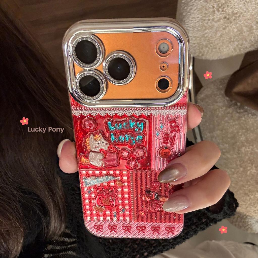 New Year red pony case suitable for Apple 17 Pro Max, iPhone 16 glitter cartoon 13 full cover hard case 15