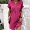 Summer Women's V-neck Button Short Sleeved Loose Monochrome Pullover Casual Mini Dress