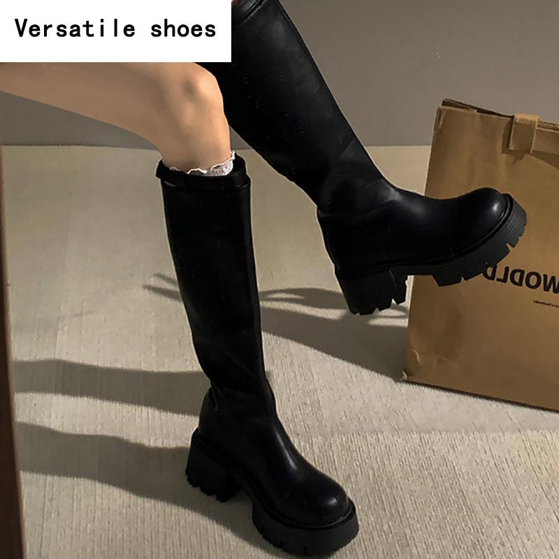Vintage Winter Belt Buckle Women Knee High Boots Fashion Platform Long Booties Designer Thick Heels Botas De Mujer