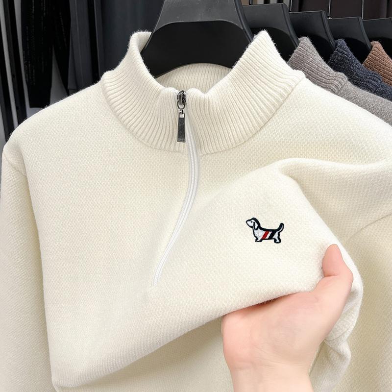Men s Half Zipper Stand Up Collar Knitted Sweater Winter  Dog Print Thickened Warm Commuter Men swear 4XL