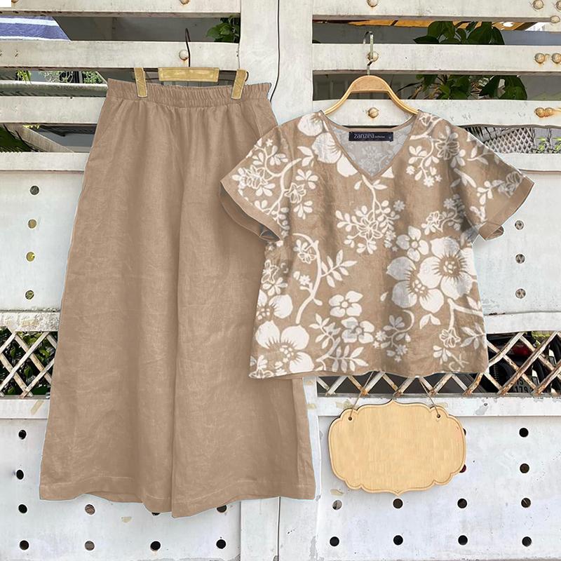 

ZANZEA Женские винтажные топы с принтом и V-образным вырезом, с короткими рукавами и эластичной талией, брюки, комплекты из двух предметов 3XL хаки