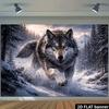 Bannière 2D de Loup Sauvage, Loup Gris Réaliste aux Yeux Bleus dans une Forêt de Pins enneigée, Décor Mural Nature