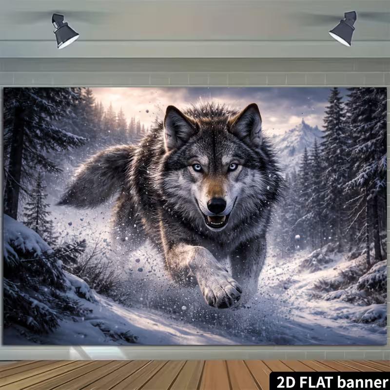 2D Wildlife Wolf Banner Realistic Gray Wolf with Blue Eyes in Snowy Pine Forest, Nature Wall Decor 47.2x31.5inch/120*80cm