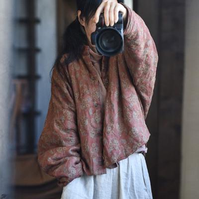 Frauen Vintage Parkas Druck Floral Taste Stehen Langarm Winter Warme Mäntel Plus Baumwolle Lose Parkas