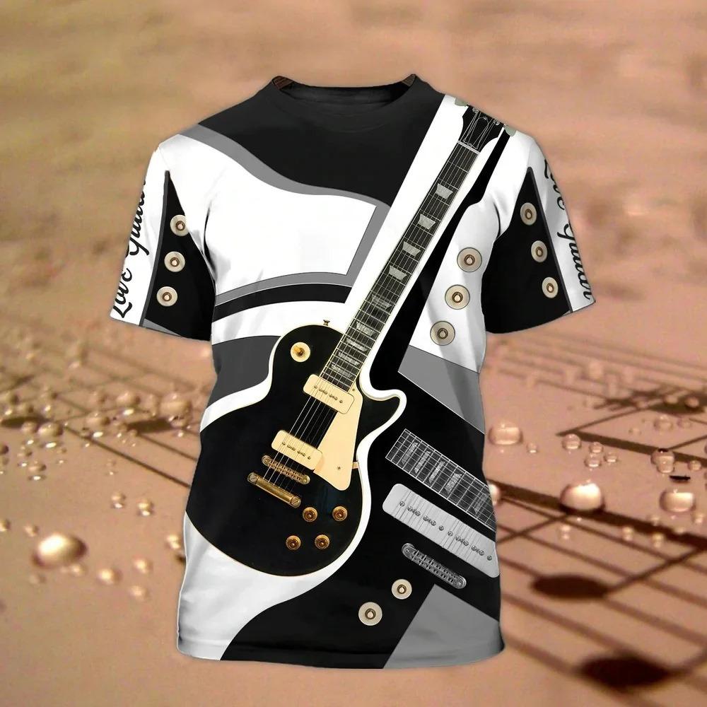 Personalized Guitar Pattern 3D Digital Print Men's Trendy Round Neck Short Sleeved T-shirt
