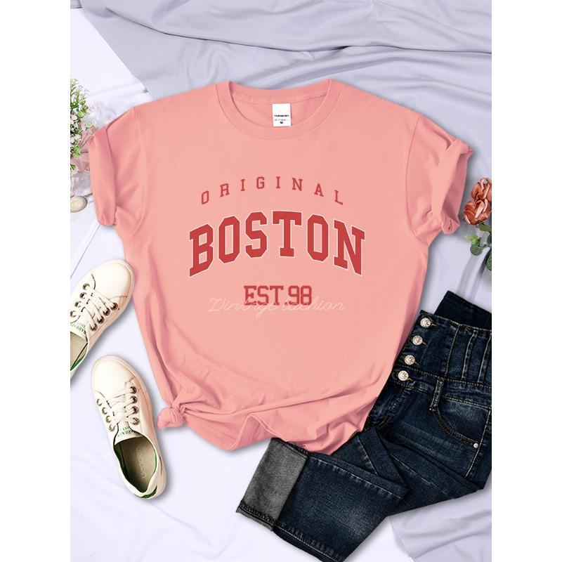 

Оригінальна футболка з написом Boston Est.98 Street Жіноча Літня Дихаюча Футболка Хіп-Хоп Повсякденна Крута з Коротким Рукавом М який Вуличний Одяг L
