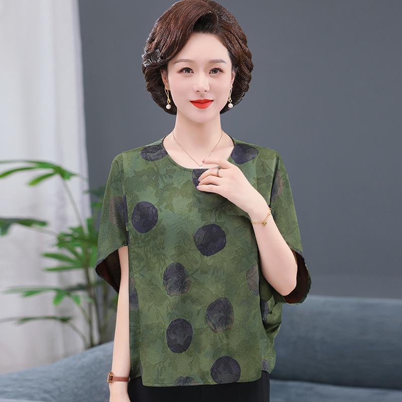 

Stylish Summer Printed T-shirt for Middle-aged and Elderly Women – Imitation Silk, Cool Round Neck, Loose Fit 4XL (145-165 lbs) зелений