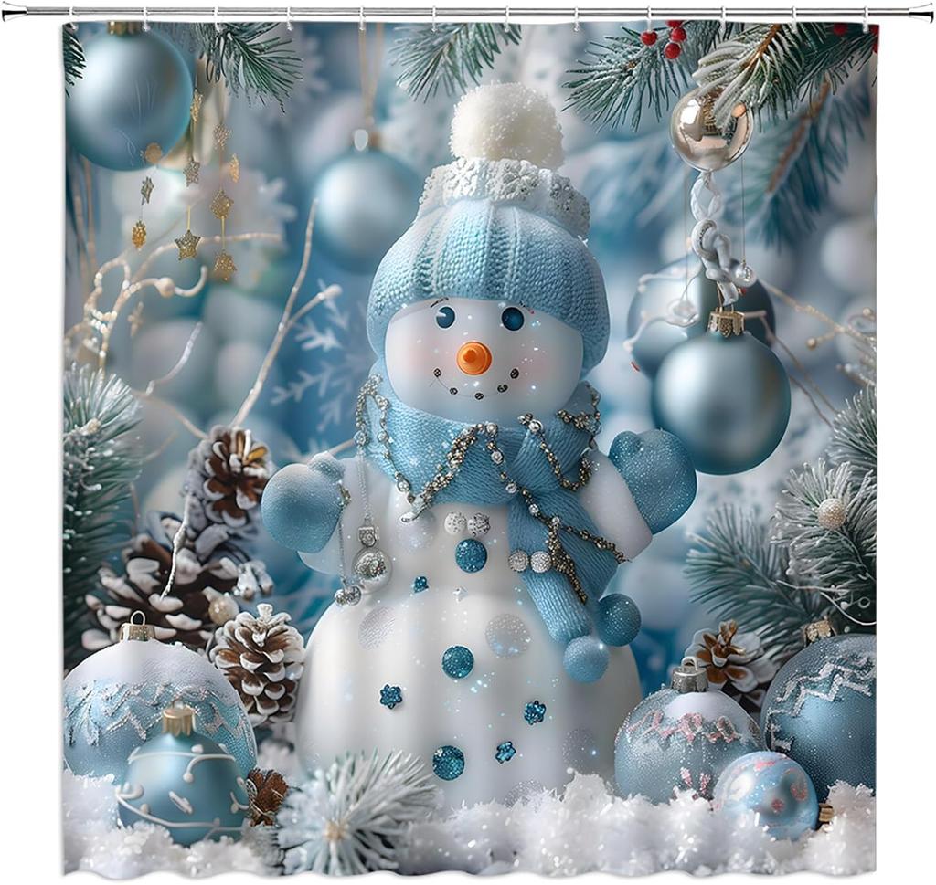 Christmas Snowman Shower Curtain Cute Snowman Snowflake Ball Tree Forest Winter Holiday Nature Pink White Bathroom Home Curtain