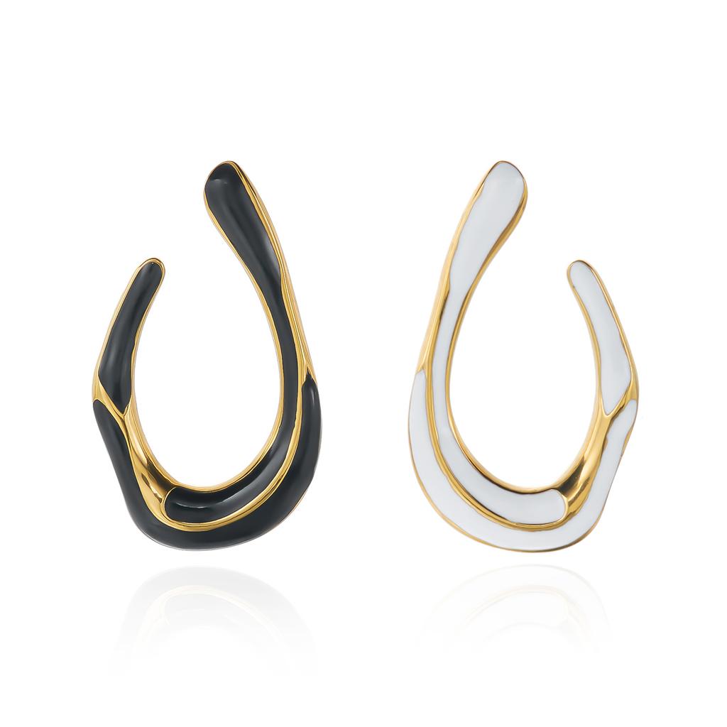 Stainless Steel Irregular U Shape Enamel Hoop Earrings For Women Gold Plated Black White Huggie Earrings Daily Party Jewelry
