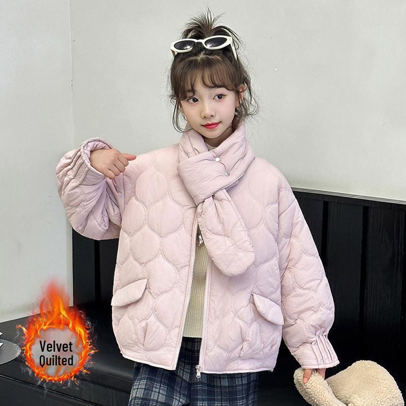 

Girls Quilted Fleece-Lined Jacket - 2025 Autumn/Winter Fashion Cotton-Padded Coat for Big Kids 130 cm розовый