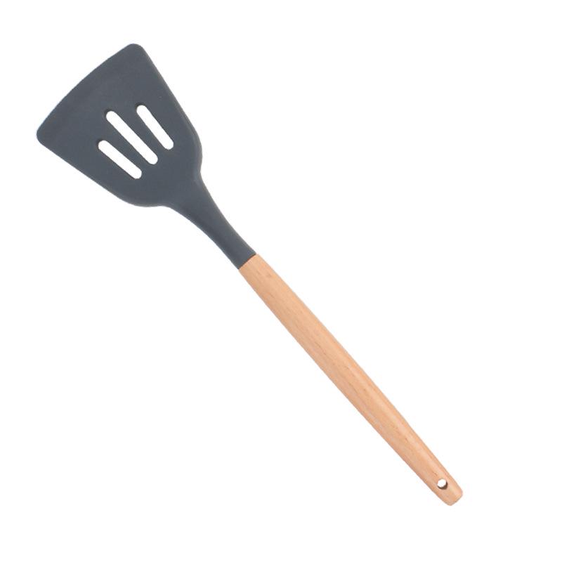 11-Piece Wooden Handle Silicone Kitchenware Set - Includes 9 Kitchen Tools, Spatula, and Spoon.