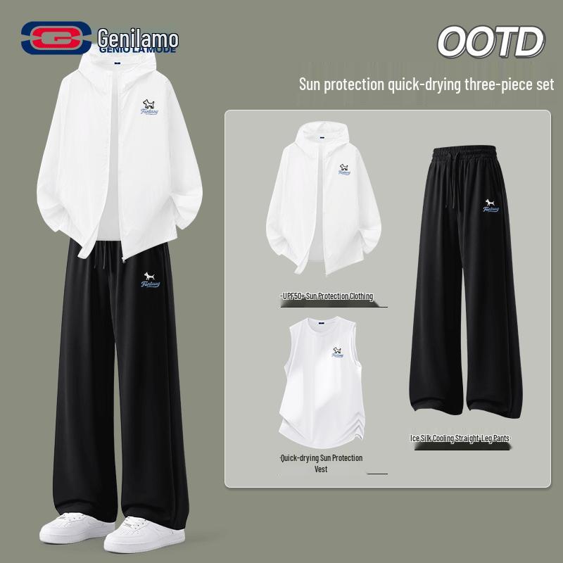 GENIOLAMODE Men's 3-Piece Ice Silk Casual Sports Suit with Puppy Print