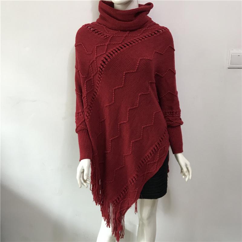 

Autumn & Winter High Neck Imitation Cashmere Tassel Knit Sweater Cape One Size