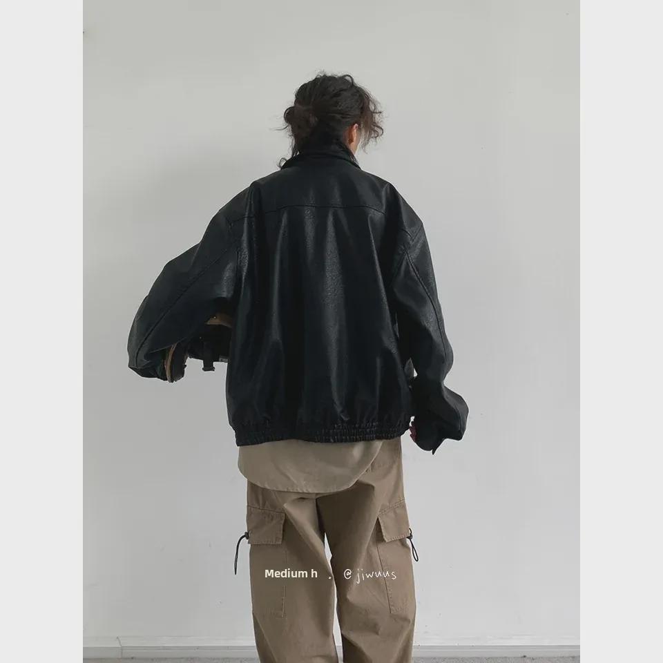 Veste de moto unisexe surdimensionnée en cuir PU de style rétro japonais