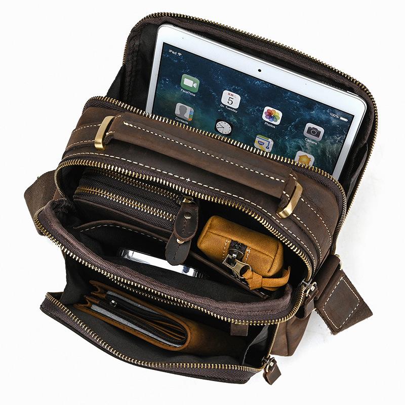 Vintage Men's bags Crazy horse leather classic shoulder bags Luxury designer bags Large capacity Ipad Handbags Free shipping
