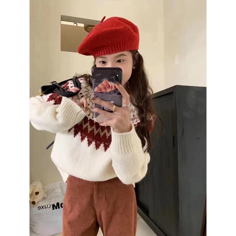 Christmas Atmosphere Sense Jacquard Pullover Sweater Women's Fall and Winter Loose Lazy Wind Soft Knit Sweater Tops