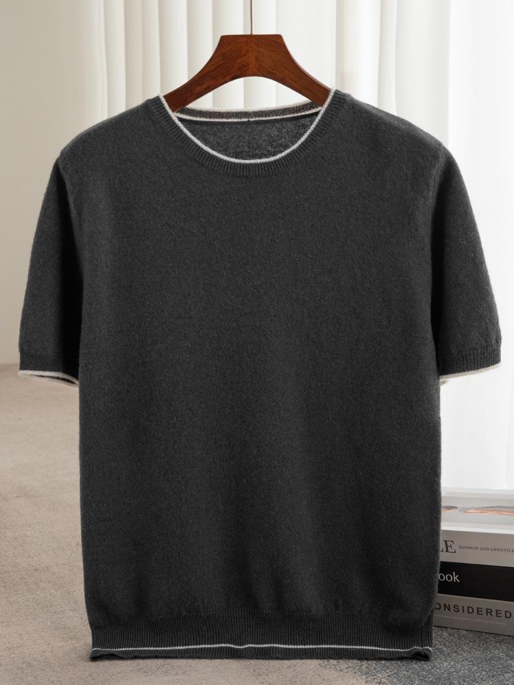 T-shirt à Manches Courtes et Col Rond Color Block 100% Laine Australienne pour Homme - Coupe Ample Décontractée, Couche de Base en Cachemire Printemps/Automne.