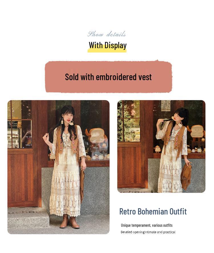 2024 Bohemian Tassel Lace High Waist Apricot Dress - Slimming Vacation Style