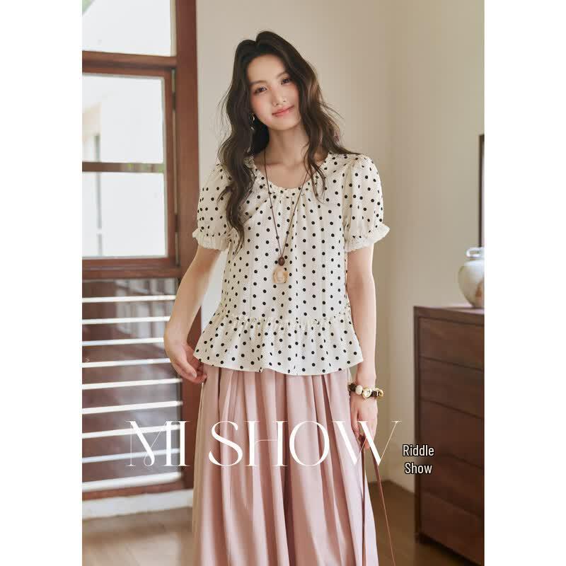Vintage Polka Dot Lace Collar Puff Sleeve Blouse M