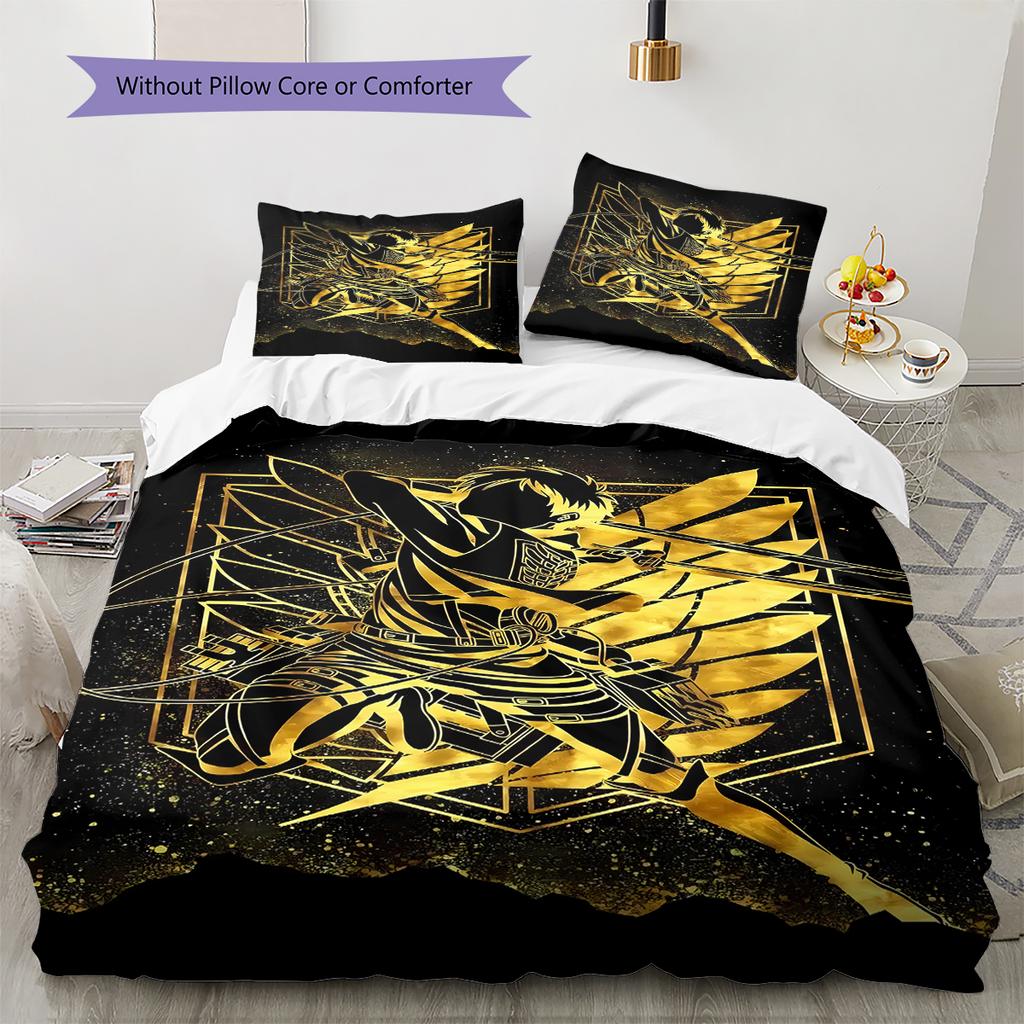 Attack on Titan Pattern Bedding,Quilt Set Quilt Cover Pillowcase Home Birthday Gift (1 * duvet cover + 2 * pillowcase, without core)