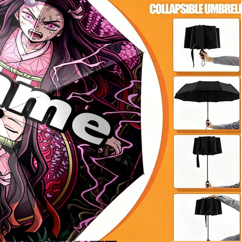 Custom Name Personalized Demon Slayer Anime Print Umbrella, Auto Open Close, 8‑Rib Sturdy Frame, Commute Camping Hiking Use, Birthday Gift