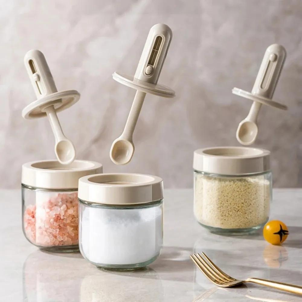 1 Pcs Glass Seasoning Bottle with Telescopic Spoon Household Kitchen Salt Storage Box Leak Proof and Moisture-proof