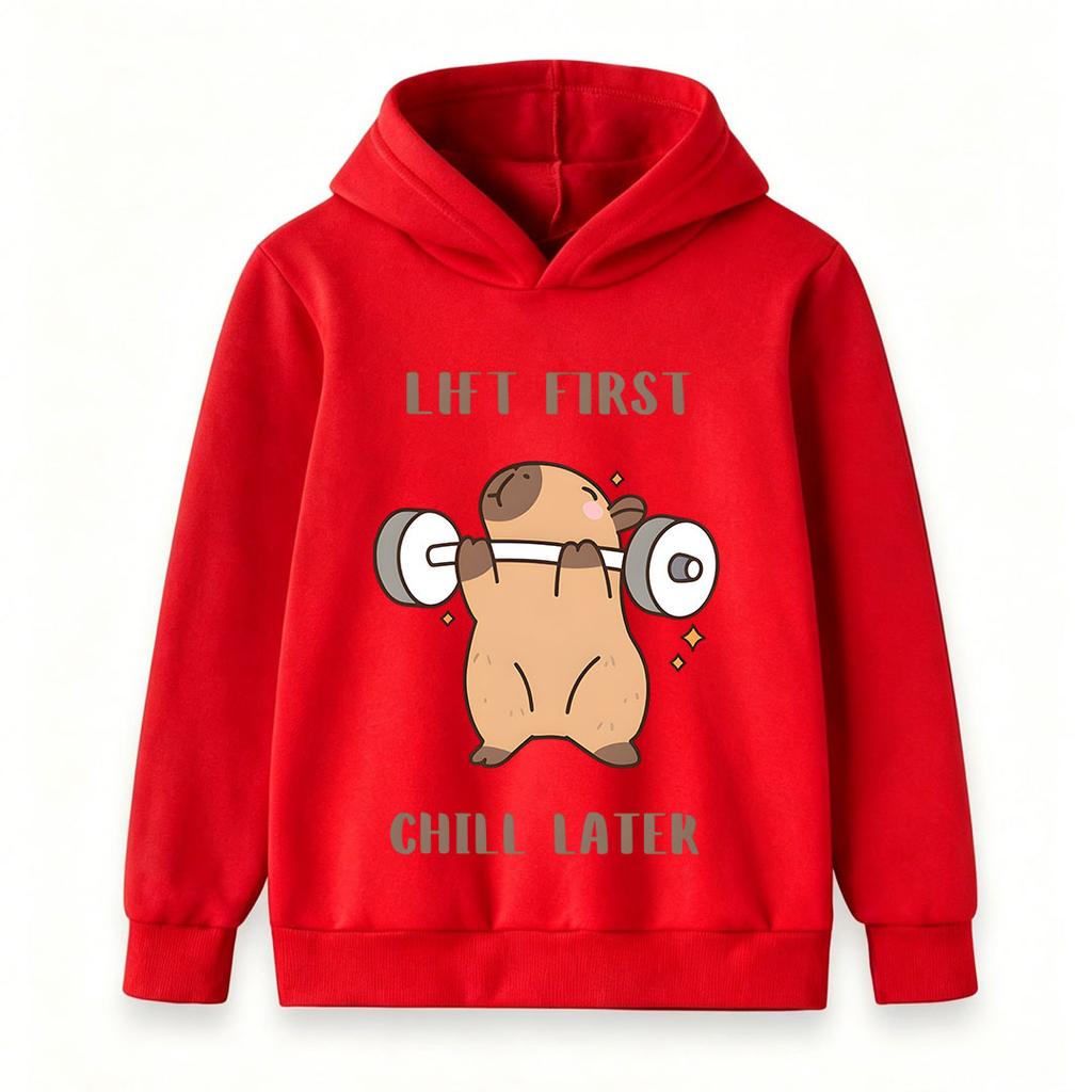 Kids Boys Girls Hooded Pullover Sweatshirt, Cute Capybara Lift First Chill Later Graphic Casual Soft Long Sleeve Hoodie For Daily Workout Playwear