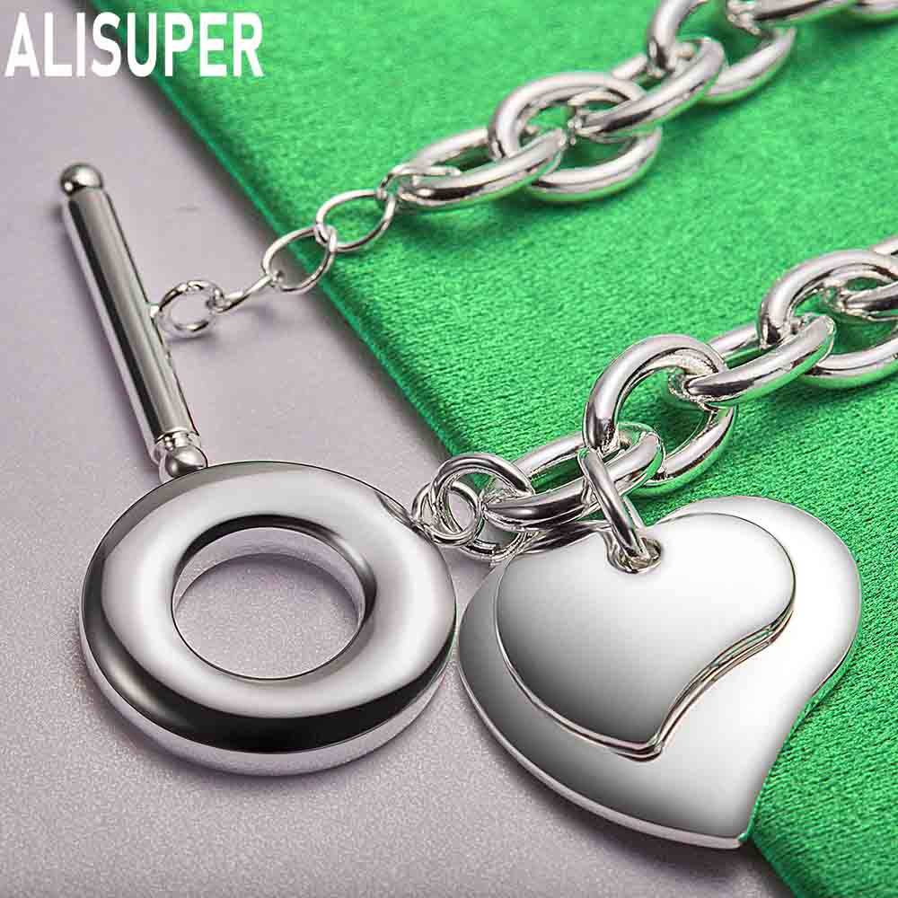 925 Sterling Silver Heart-To-Heart Side Chain Charm Romantic Bracelet Gift Jewelry