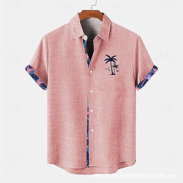Men's Linen Shirt Hawaii Casual Vacation Men's Short Sleeved Lapel Pocket Shirt Men's Linen Top