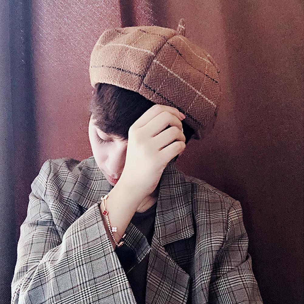 Lady Retro Plaid Beret Double Layer Painter Cap Autumn Winter Warm Berets