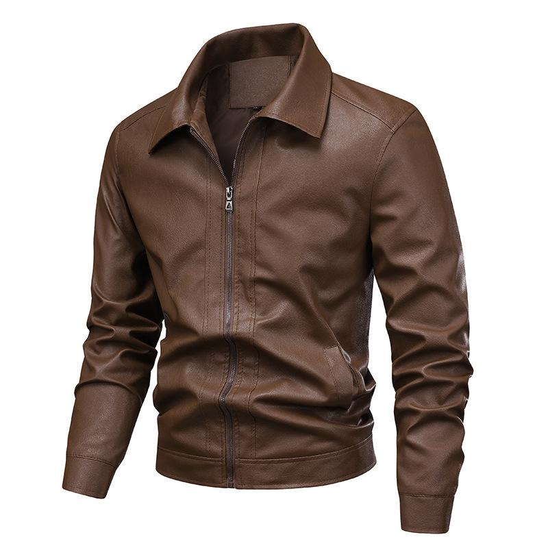PU Leather Jacket Men's Jacket Trendy Spring and Autumn New Retro Solid Color Lapel Slim Leather Jacket Men
