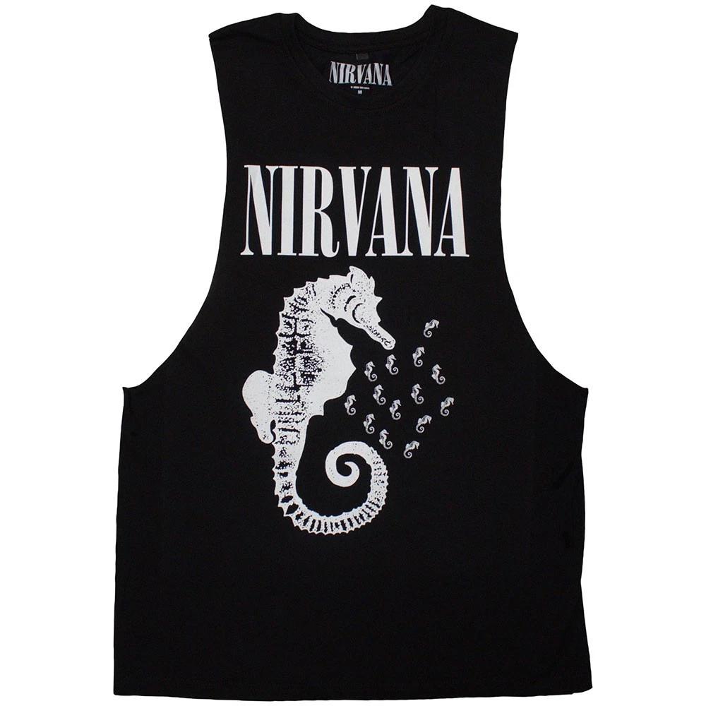 Nirvana Unisex Vest T-Shirt: Seahorse & Logo Mono (Black) (Medium) 4XL