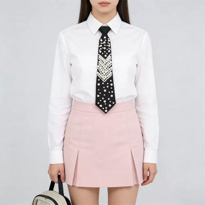 Rhinestone Pearls Tie Korean Style Black Hand-beaded Long Necktie Geometric Academic Style Decoration Shirt Tie