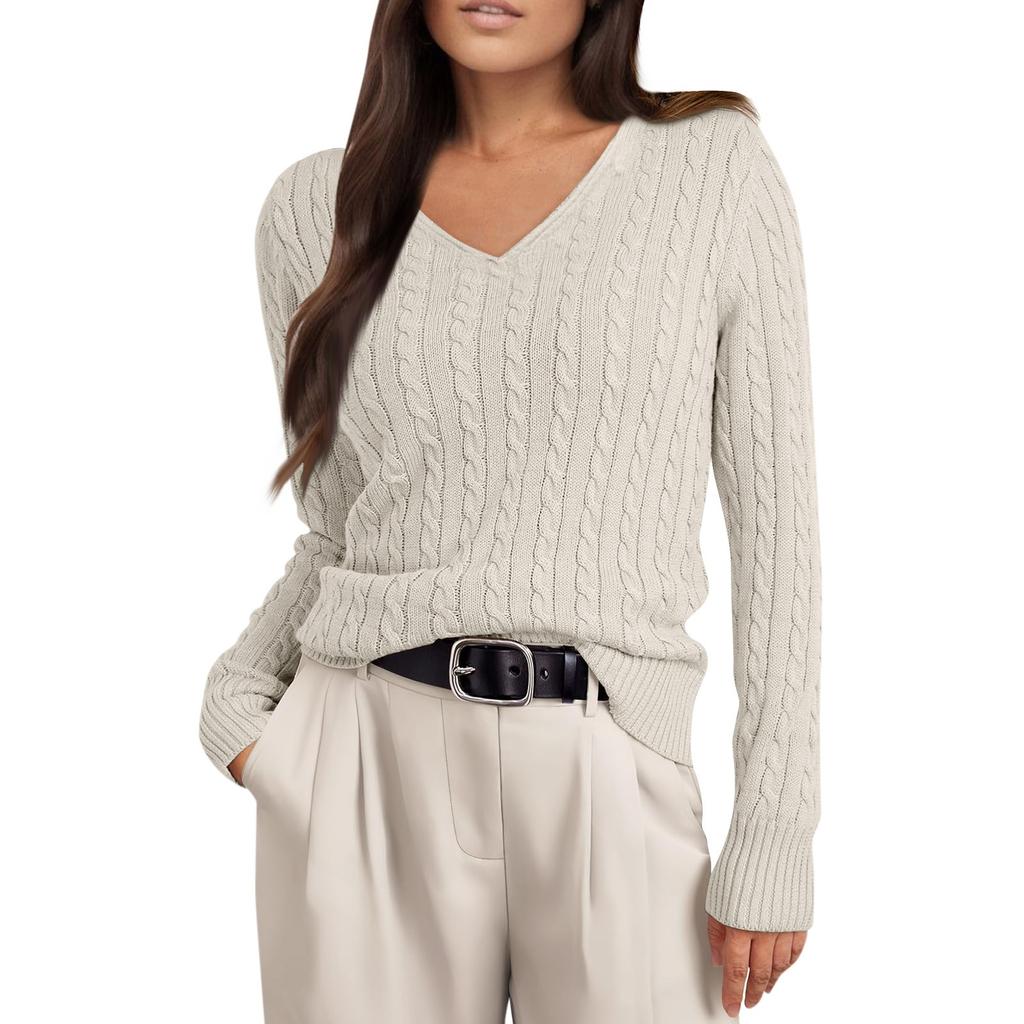 Women's Cable Knit V Neck Sweater Lightweight Soft Pullover Sweaters