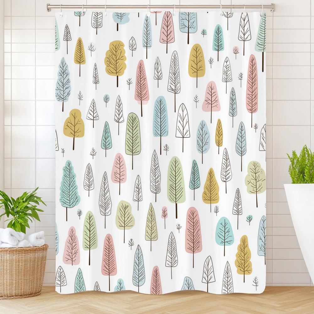 Simple Leaf Pattern Shower Curtain, Bathroom Decorative Leaves Shower Curtains, Home Printed Polyester Fabric Curtain with Hooks
