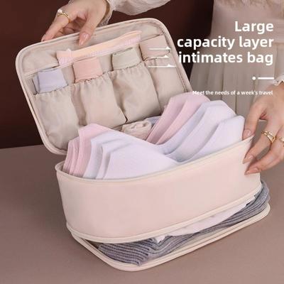 Organizador Portátil de Bagagem Feminino - Bolsa de Armazenamento de Roupa Íntima e Sutiã de Camada Dupla com Design de Zíper Multicamadas, Bolsa Organizadora de Viagem