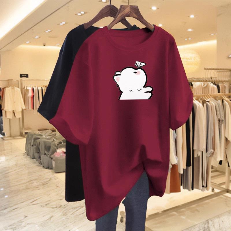 Women's Korean Style Cartoon Cotton T-Shirt, Summer 2026, Mid-Length, Age-Reducing, Half Sleeve