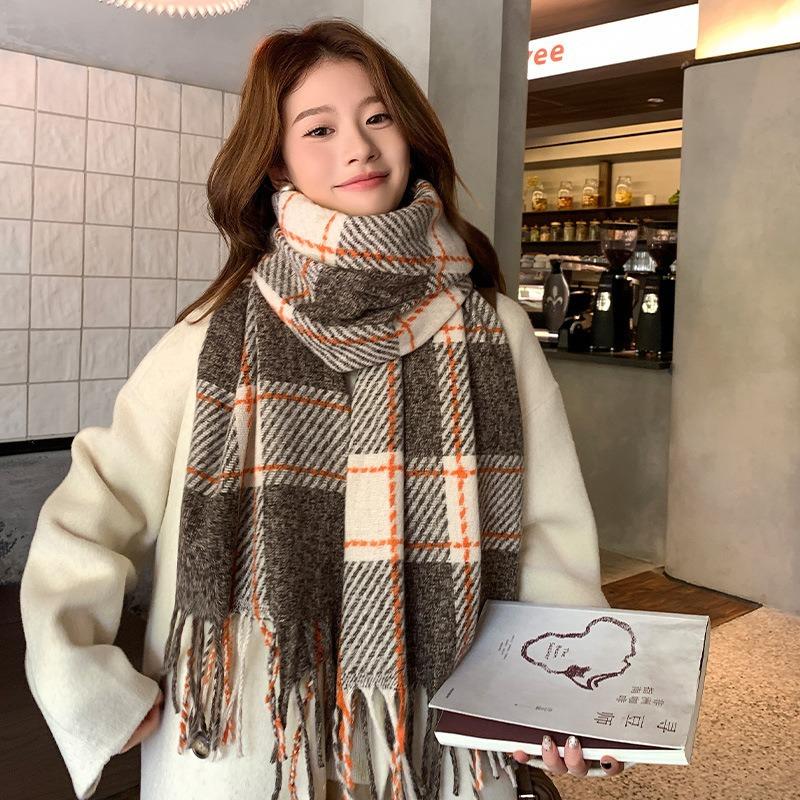 2025 Korean imitation cashmere scarf women's autumn and winter high-end warm shawl cute versatile plaid scarf