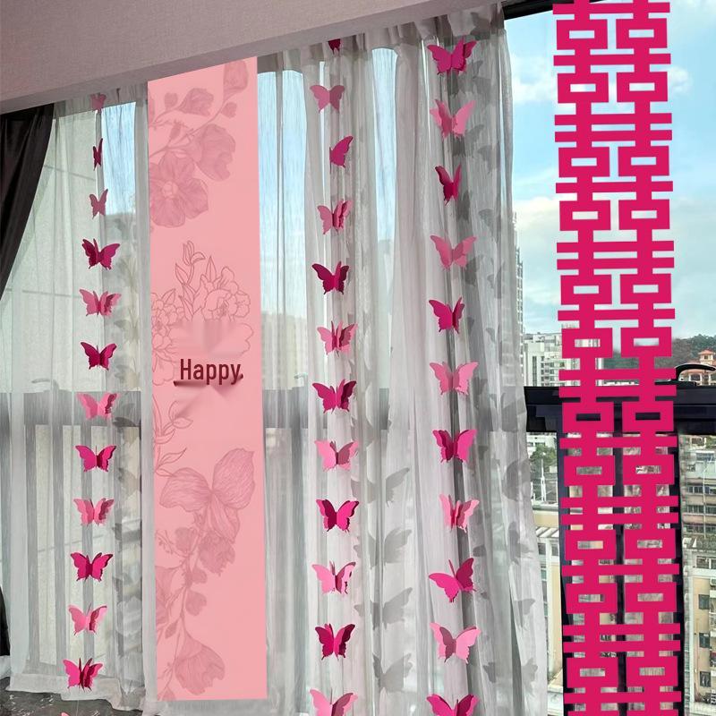 Butterfly Wedding Decoration Set: Pull-Flower Banners & Double Happiness Curtains for Bedroom & Living Room