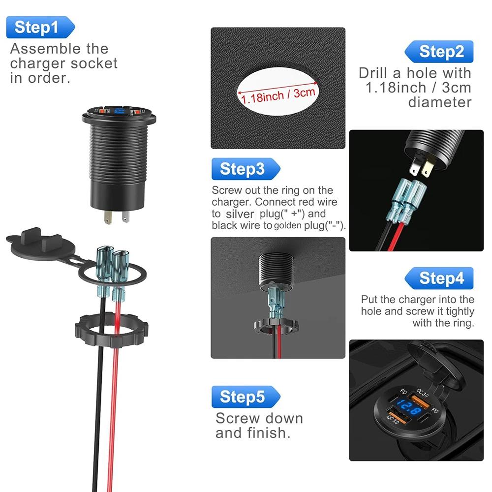 NEW 12-24V 96W Car Charger Power Outlet Socket Dual QC3.0 USB & Dual PD3.0 Fast Charging Outlet with LED Voltmeter Adapter