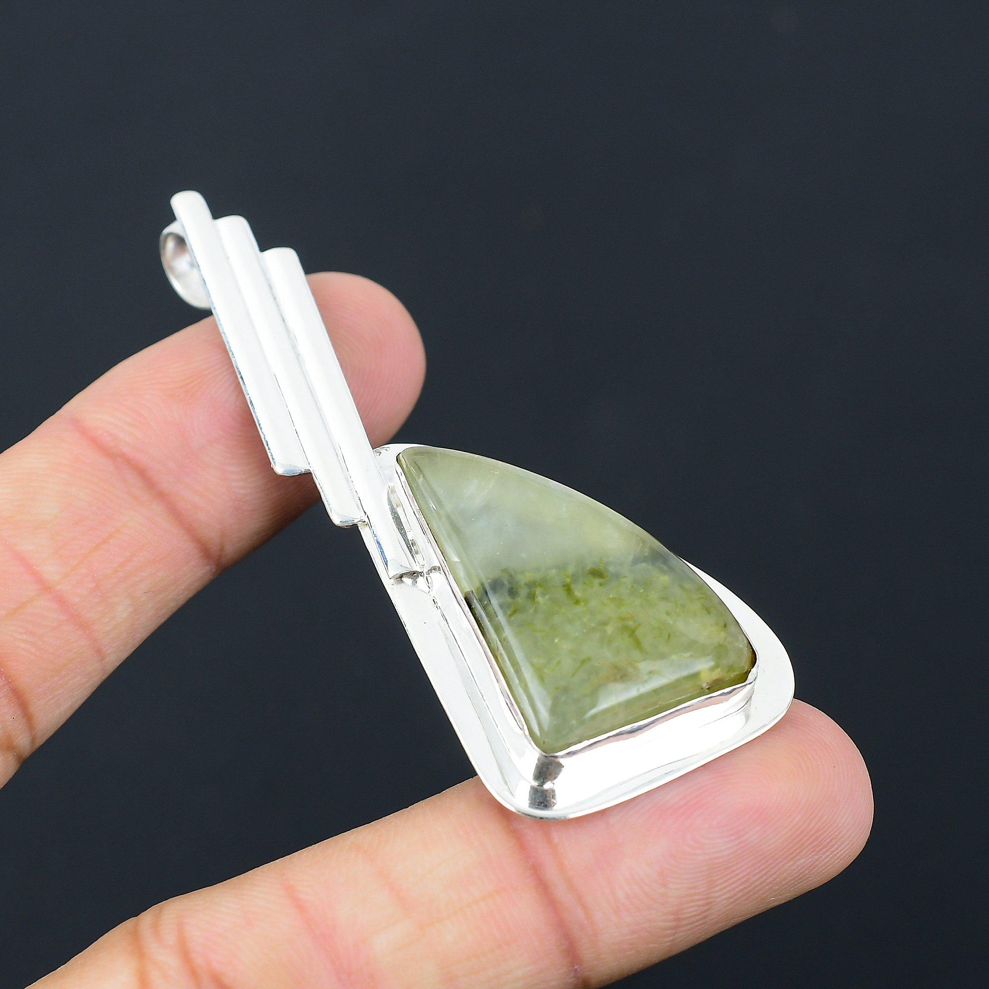 Trillion Moss Prehnite Stone Sterling Silver Mother Birthday New Pendant Jewelry