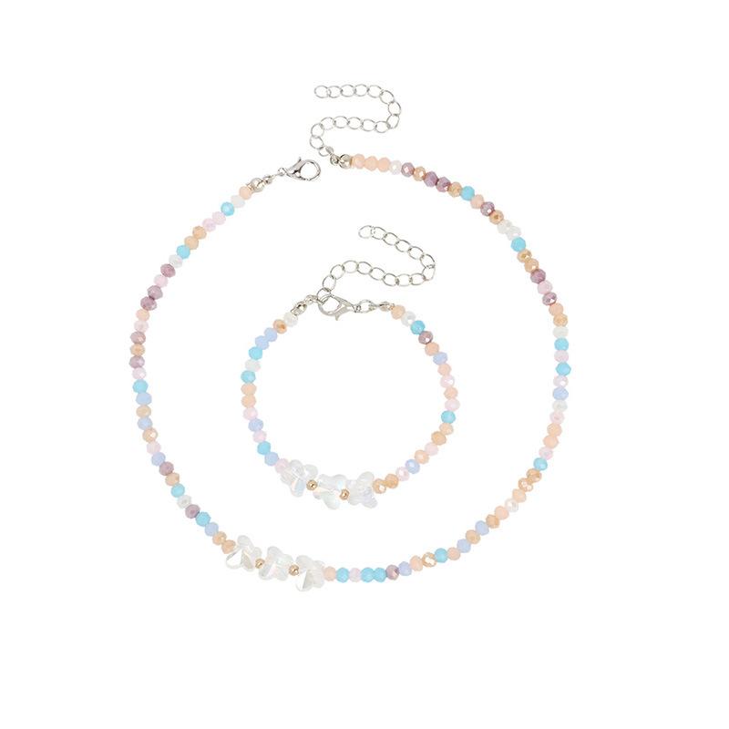 Retro ethnic style colored crystal butterfly necklace bracelet combination, personalized design sense handmade jewelry