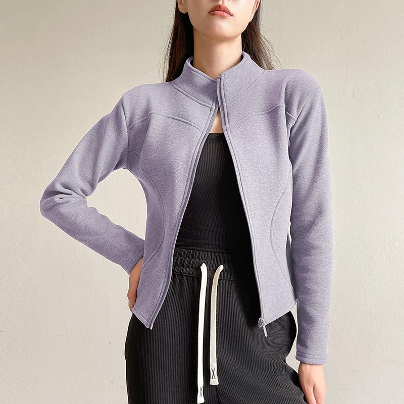 Giacca da donna slim fit con colletto alla coreana in finta lana con cerniera, cappotto casual a maniche lunghe tinta unita
